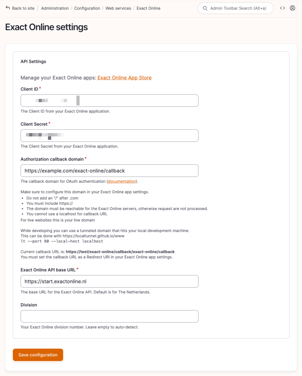 Exact Online settings configuration form