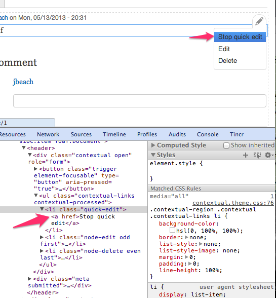 A screenshot of a contextual link set opened to show the quick edit link. The developer tools are open to show that the link is an anchor tag and not a button tag.