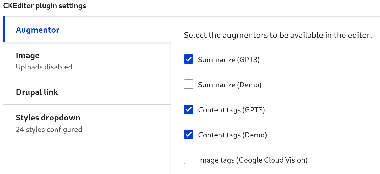 Ckeditor augmentos configuration