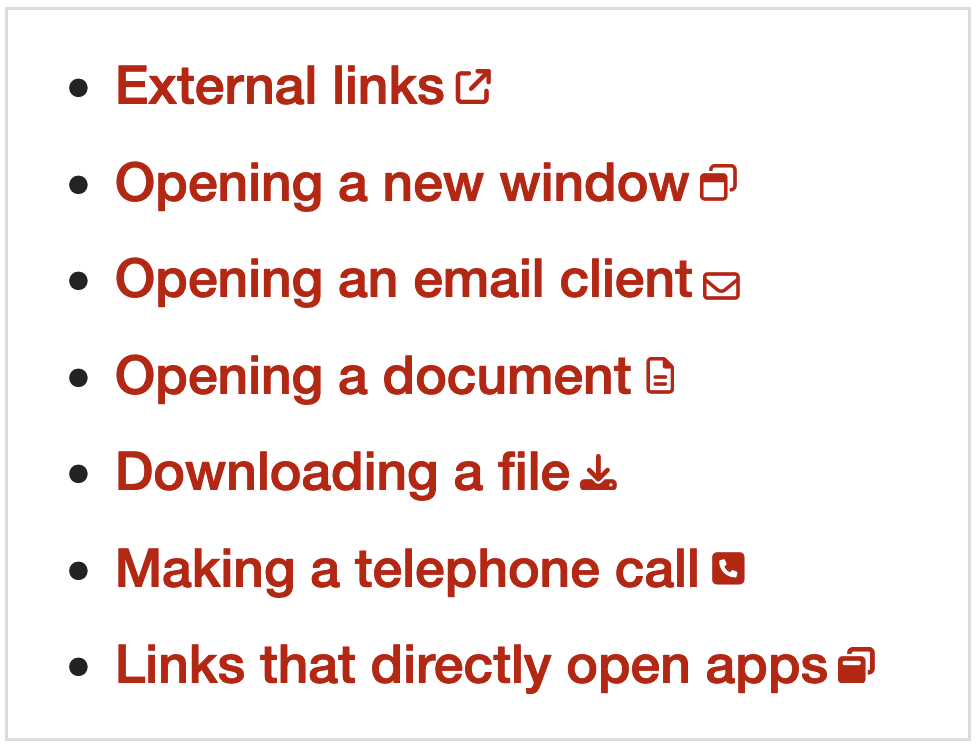 icons include an envelope, a phone, an arrow out of a box and a double square new window indicator