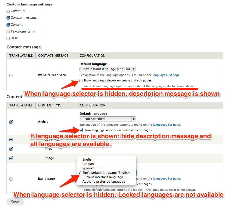 Entity translation settings