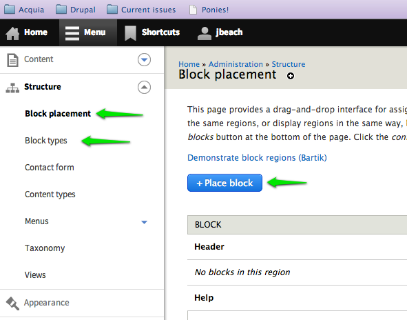 A screenshot of the Blocks UI. The admin menu link labels and buttons labels have been changed so that instances of Add and Place. All instances of the word custom have been removed.