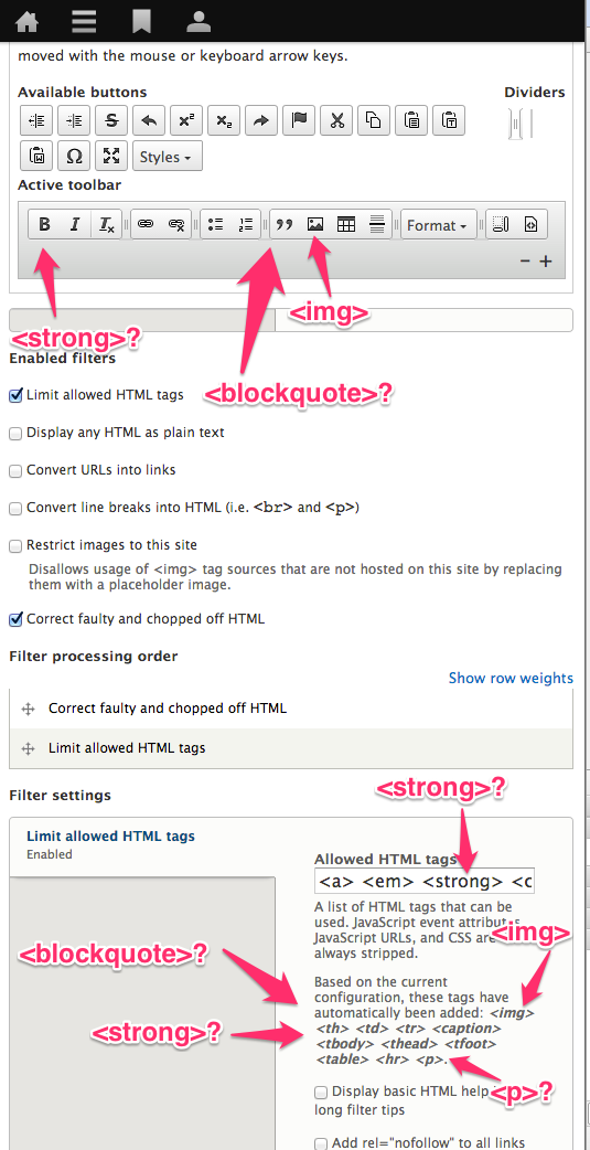 A screenshot illustrating the mismatch between the buttons in the editor toolbar and the list of allowed tags that were added automatically based on the configuration of the editor toolbar.