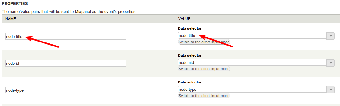 Screenshot showing the event properties in the Rules UI