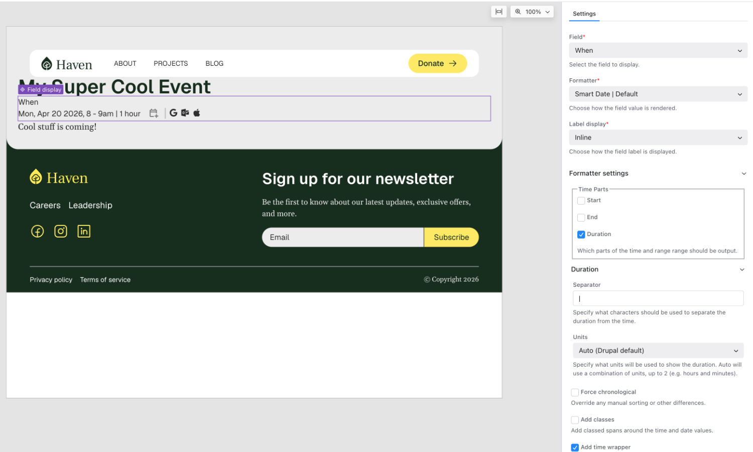 The Canvas editor using a Field Display component to display a Smart Date field, with all settings available