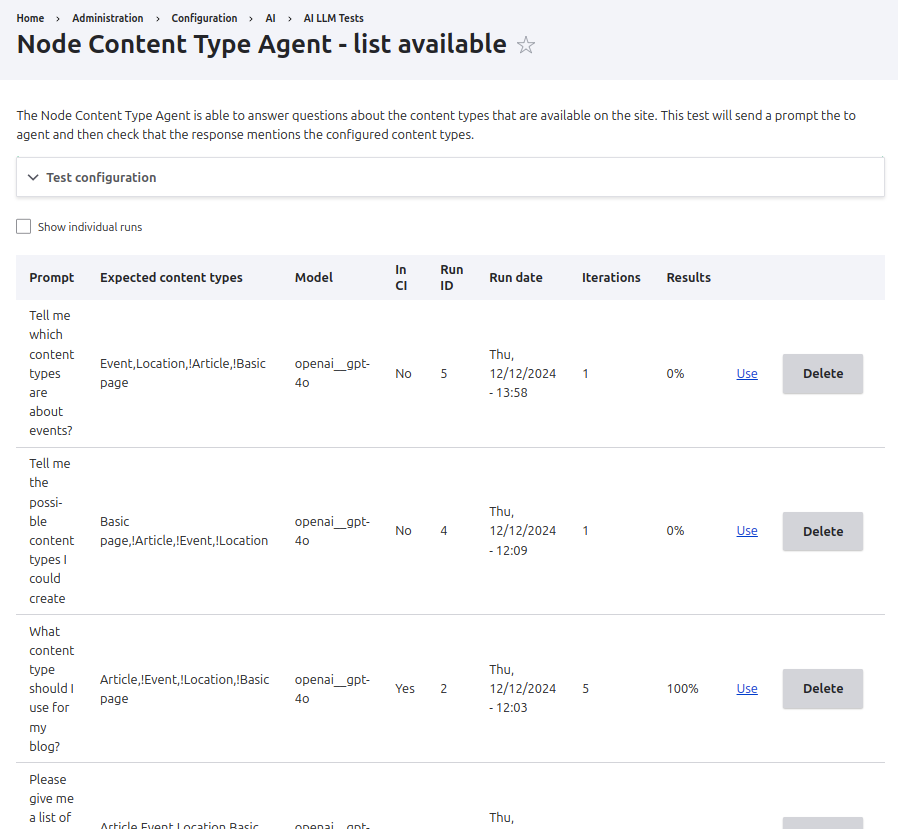 List of previous runs and configured cases.