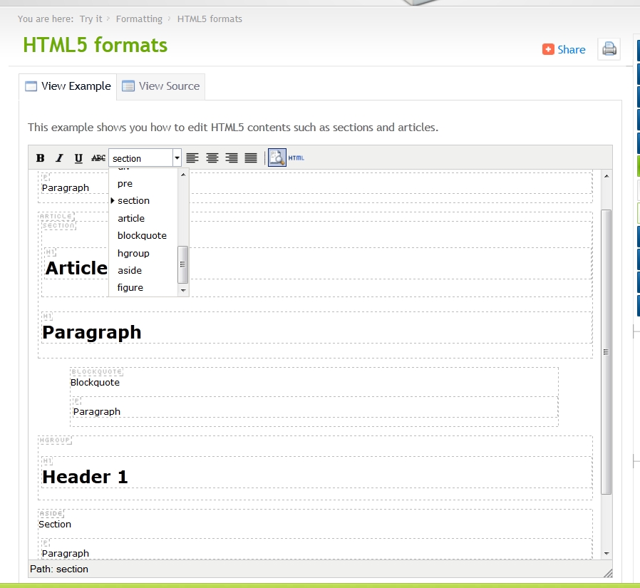 TinyMCE "Block Format Selection" dropdown with correct values shown as expanded.