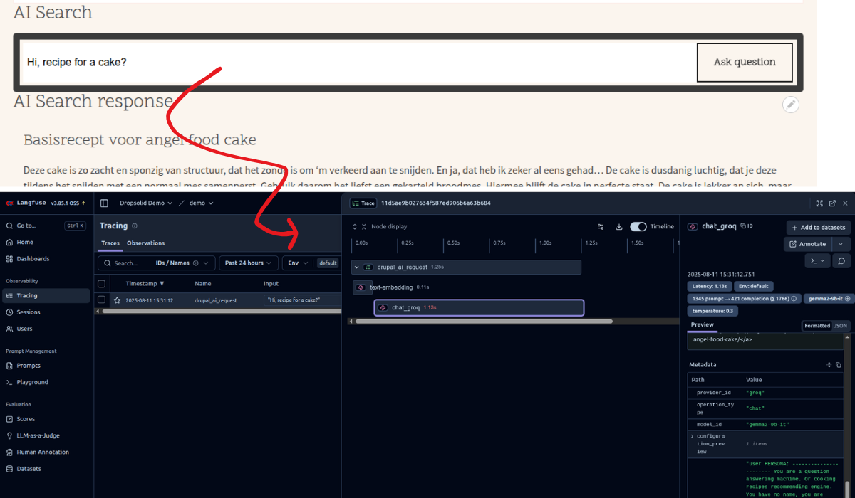 LangFuse dashboard with Drupal AI traces