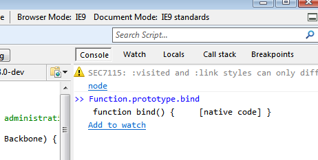 IE9 development tools showing that Function.prototype.bind is defined as native code.