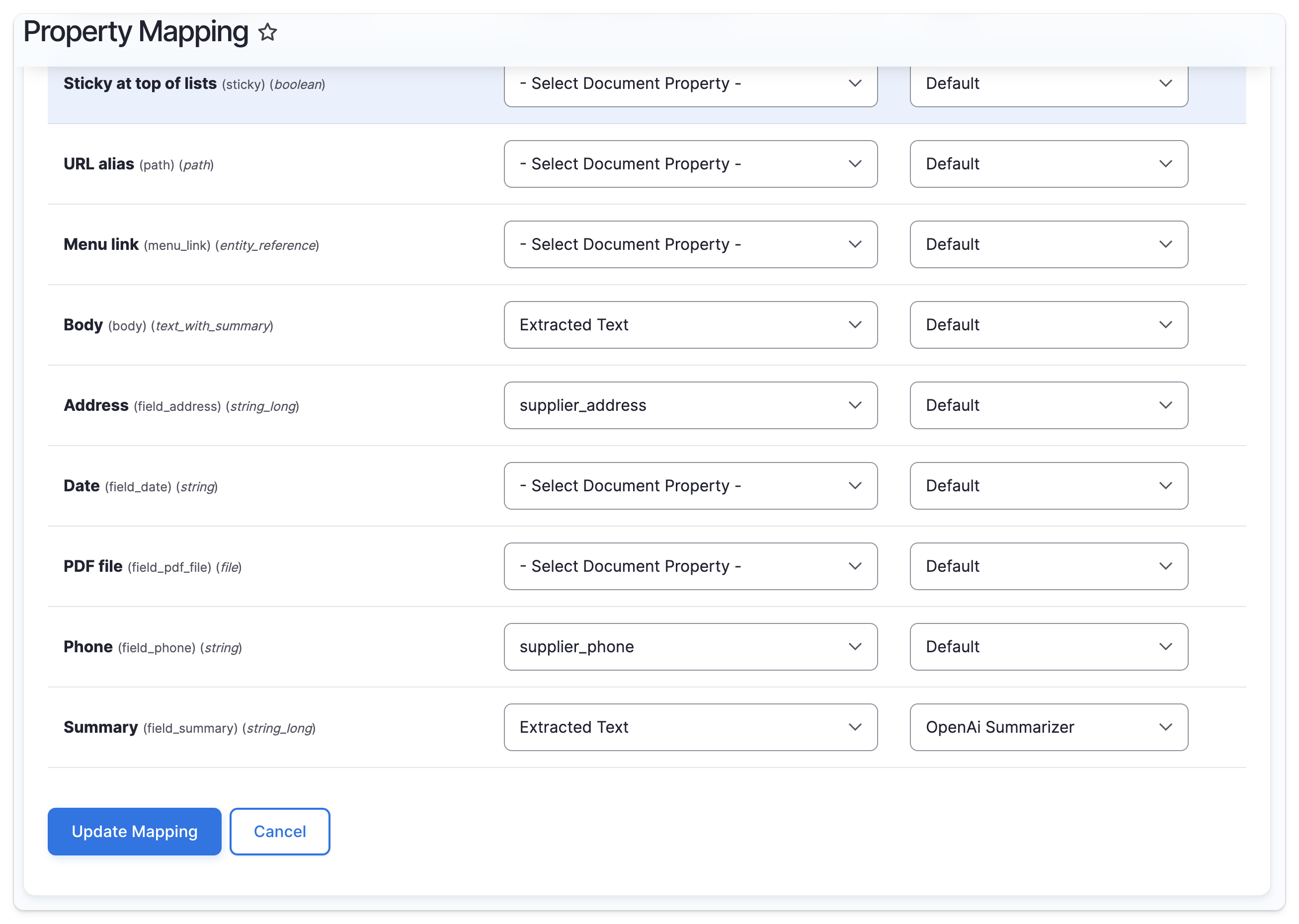 Drupal entity and document property mapping tool