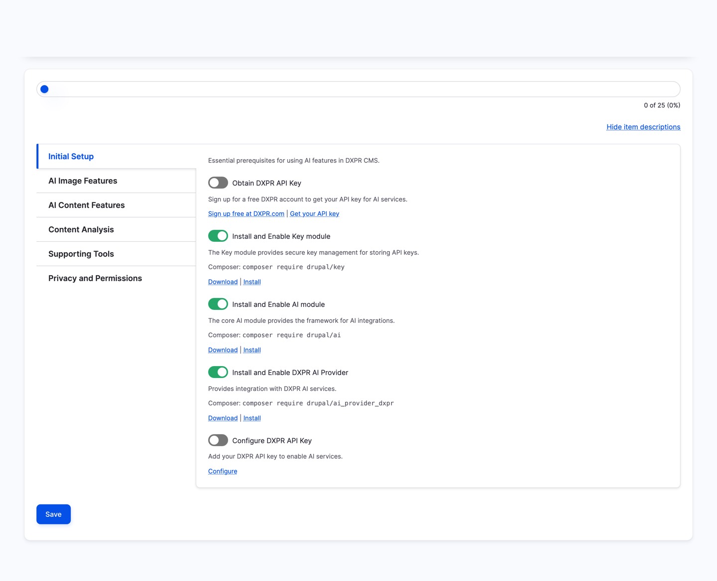 AI Checklist configuration page at admin/config/ai/ai-checklist showing section overview with direct links to module downloads and settings