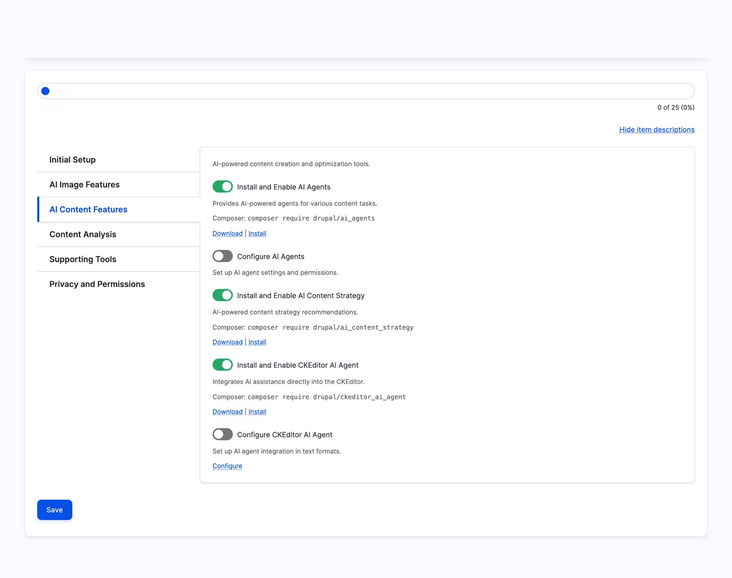 AI Checklist results view displaying completed and pending tasks across AI module categories with progress indicators