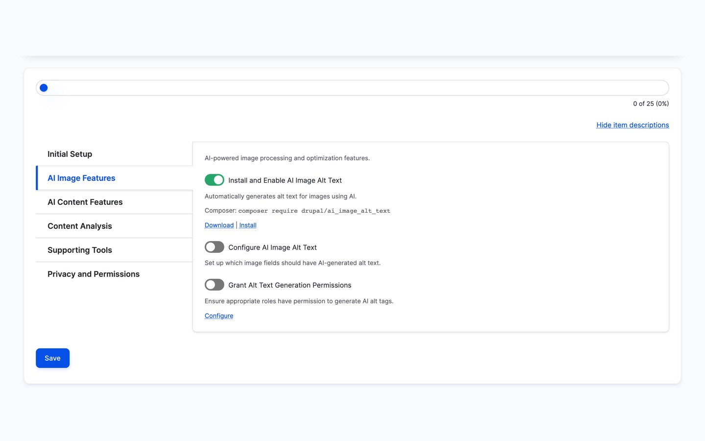 AI Checklist widget on a content editing form showing grouped AI setup tasks with automatic detection of installed modules