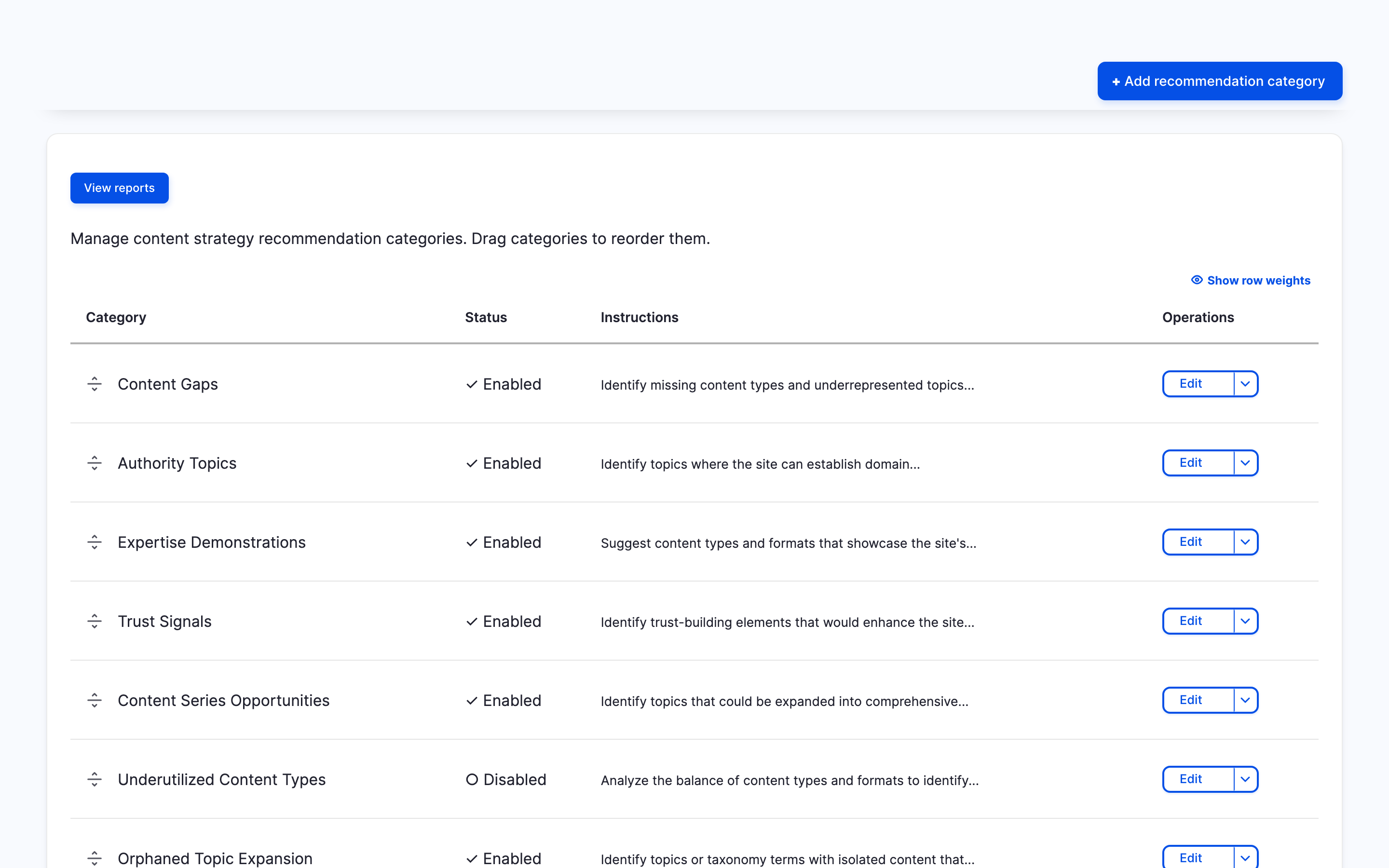 Recommendation Categories admin table showing the default categories with status, AI instructions preview, and drag-to-reorder handles