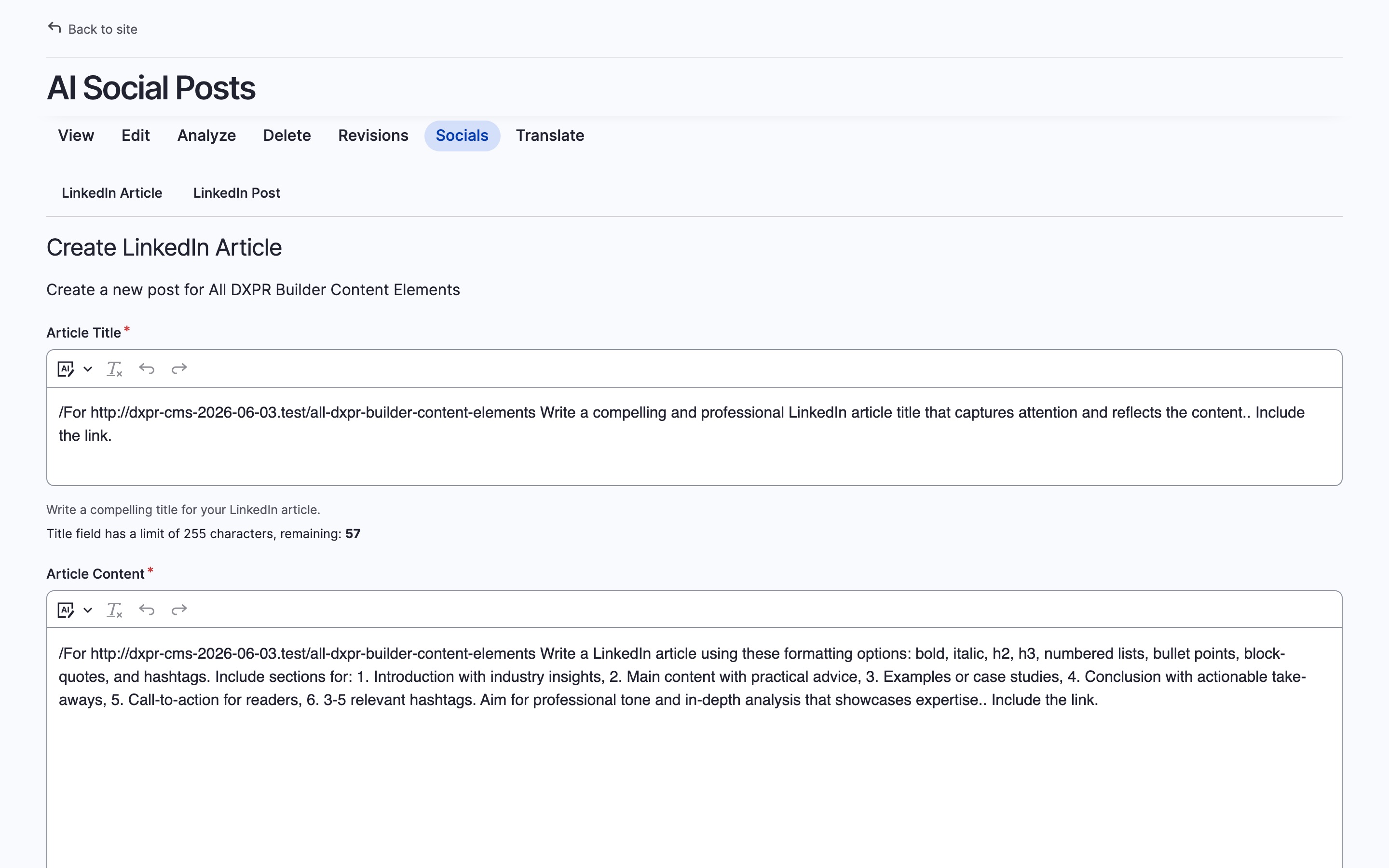 AI Social Posts authoring UI showing LinkedIn article creation with AI-generated content