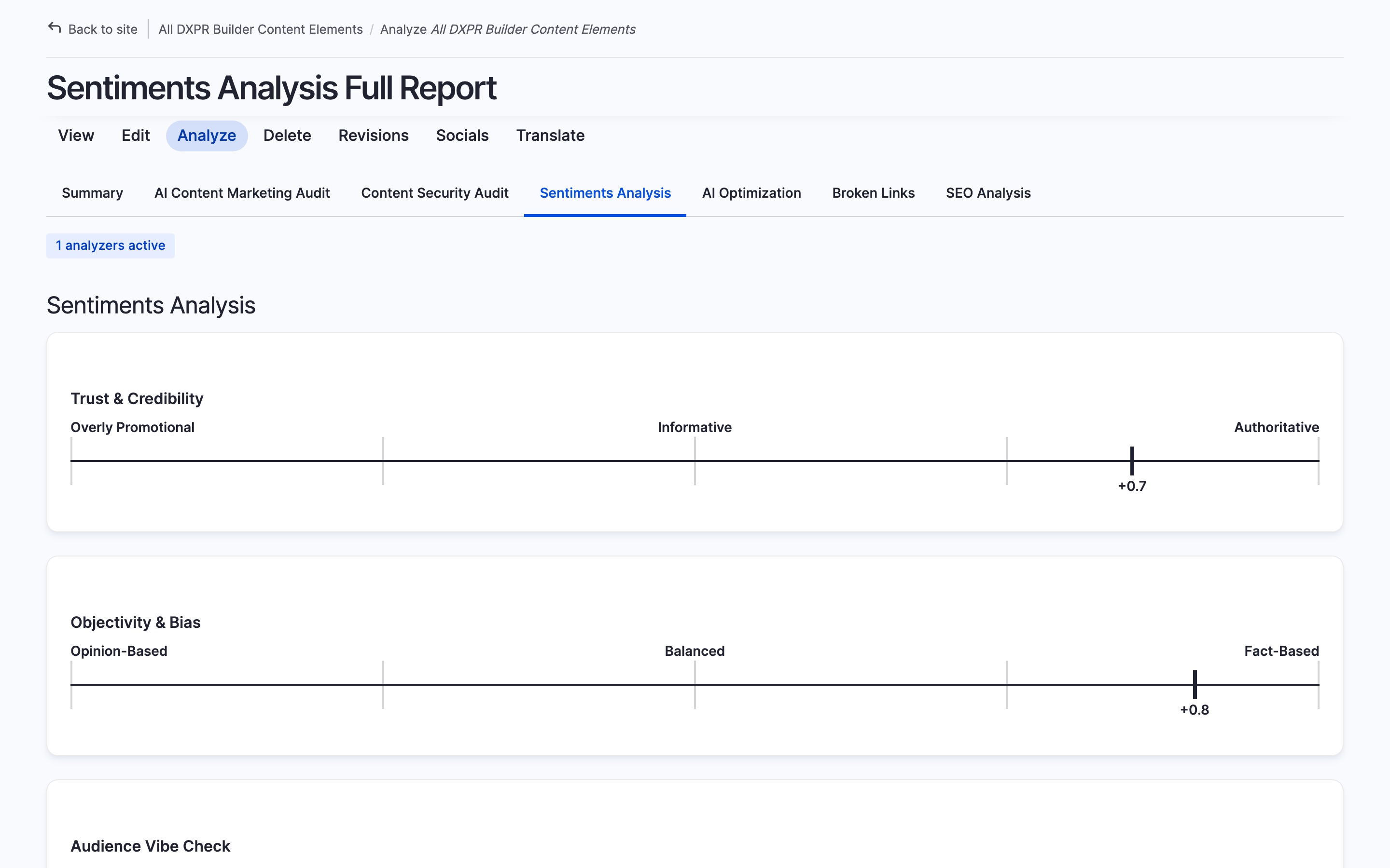 Sentiments Analysis Full Report showing Trust and Credibility, Objectivity and Bias scales with scores
