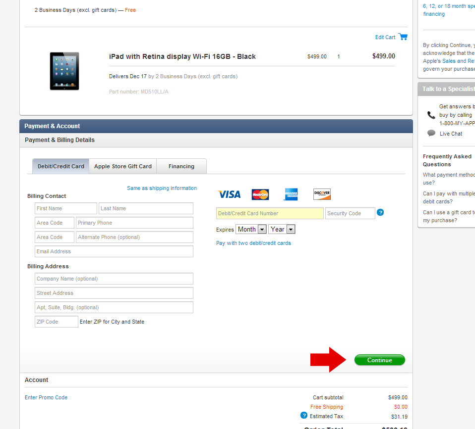 apple.com screenschot of checkout