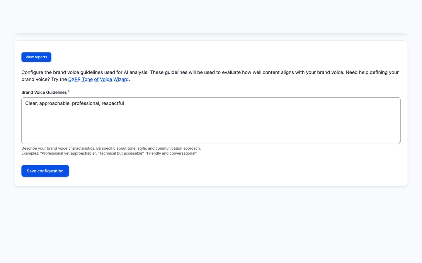 Brand voice analysis detailed results showing per-dimension scores and AI-generated feedback for a content page