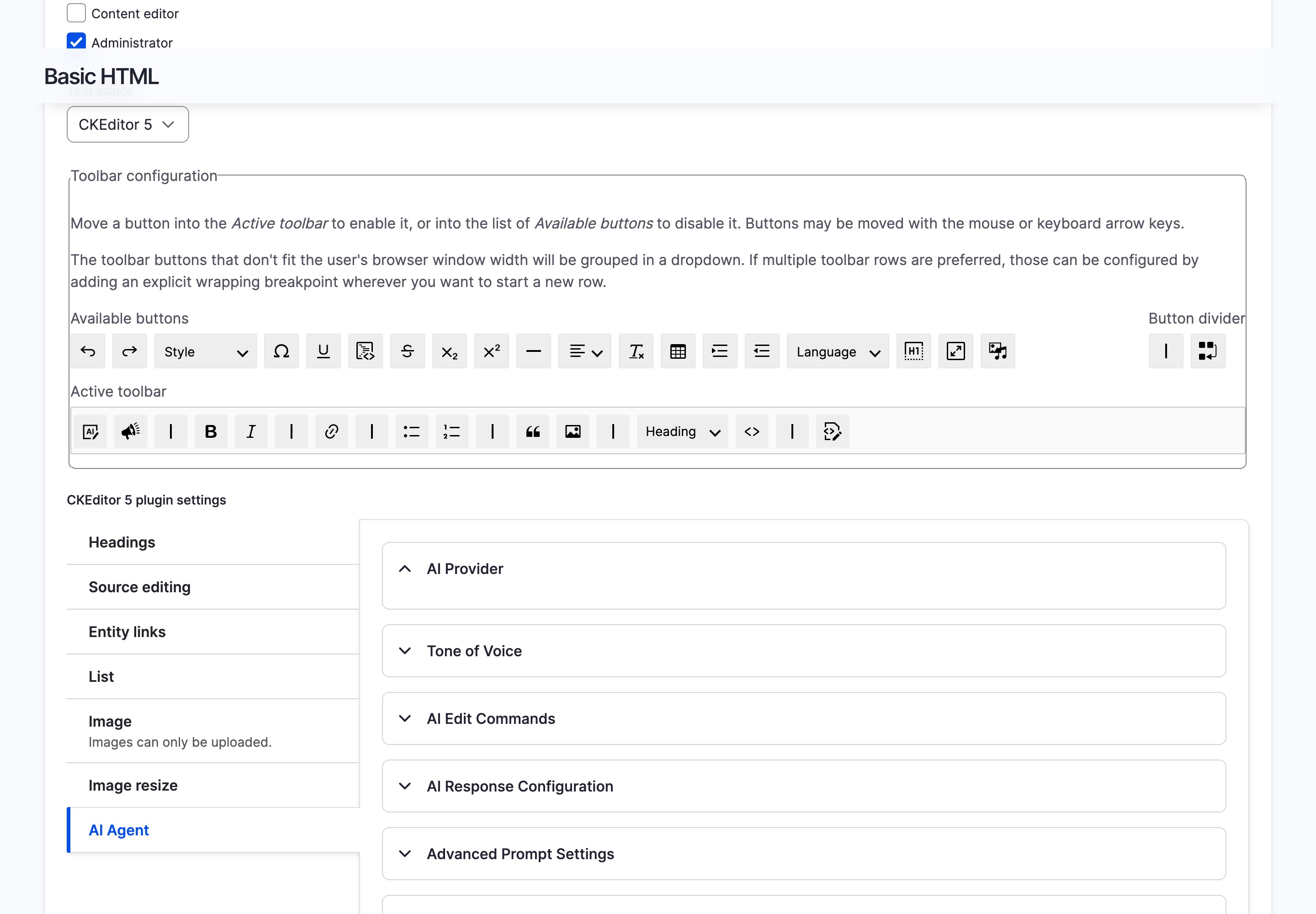 CKEditor 5 toolbar configuration page showing AI Agent buttons in the Active toolbar and plugin settings sidebar