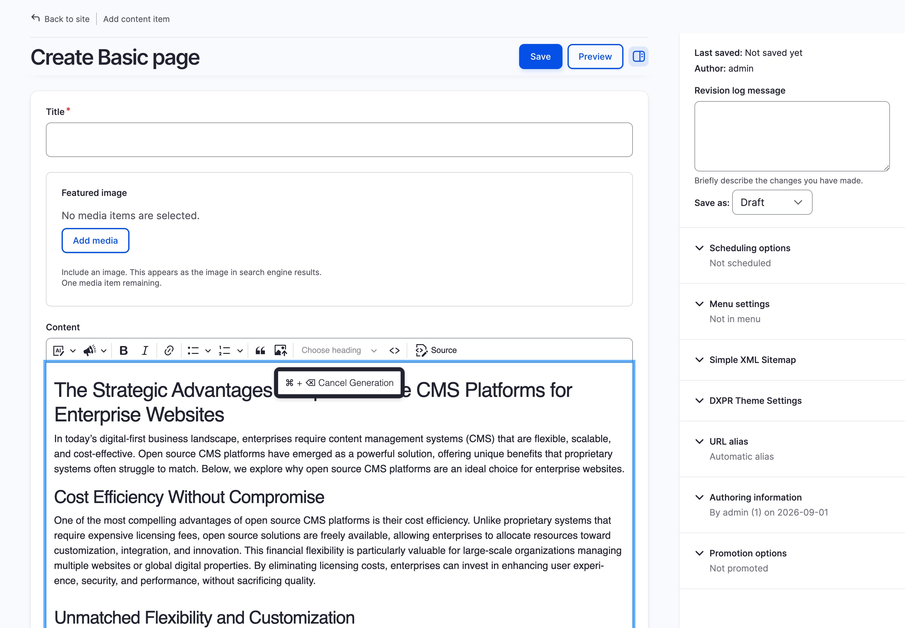 CKEditor AI Agent generating a structured blog post with headings, paragraphs, and a Cancel Generation button visible in the editor
