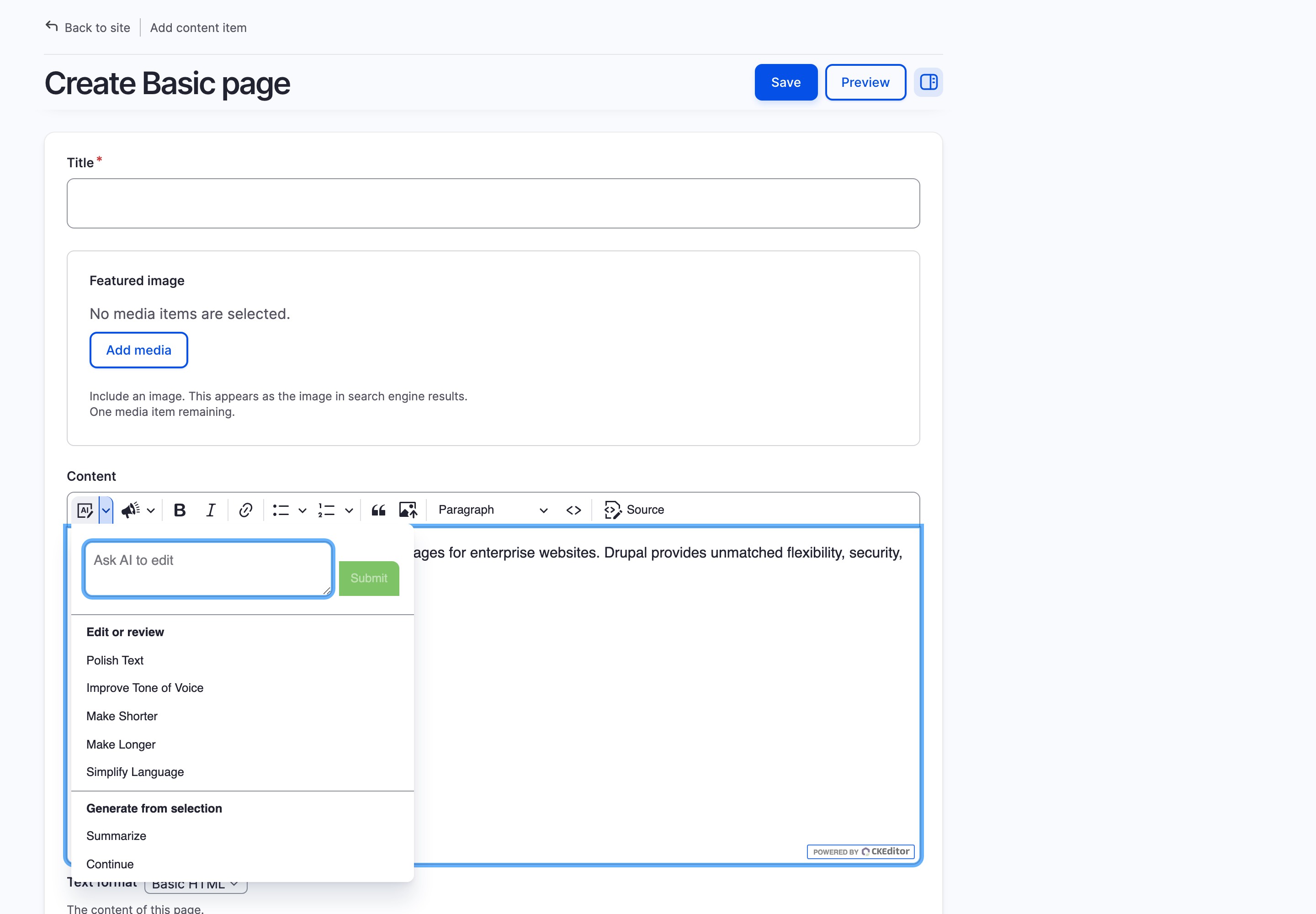 CKEditor AI Agent dropdown menu showing AI editing commands including Edit or review, Polish Text, Improve Tone of Voice, Make Shorter, Make Longer, Simplify Language, and Generate from selection options