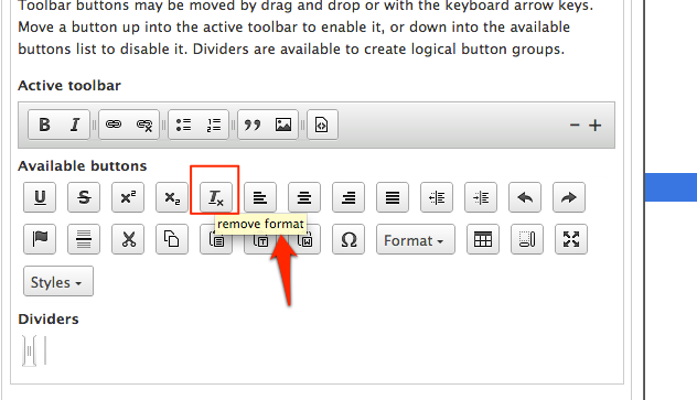 Screenshot of the ckeditor configuration form. A button is hovered and a tooltip describing the button is present.