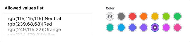 Style Selector color list field with allowed values.