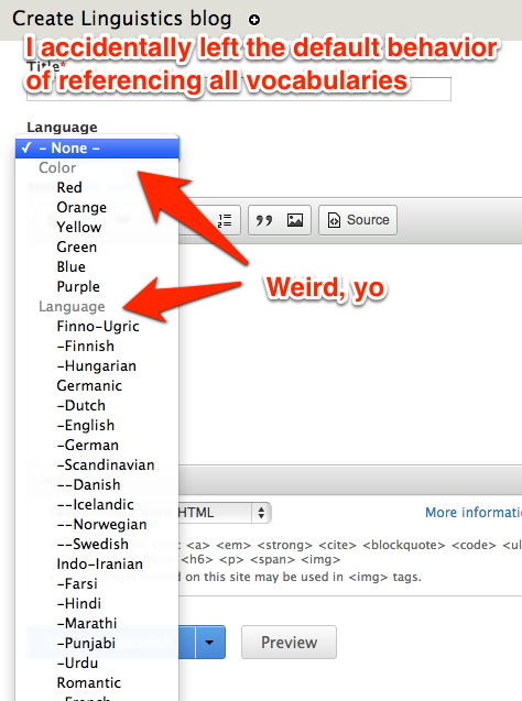 My 'language' field includes the options to select languages, colors, and every other taxonomy term on my site.