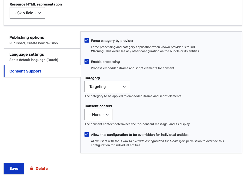 Consent Support config on Media type