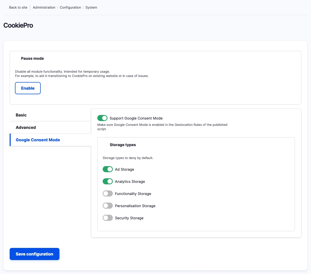 Google Consent Mode options