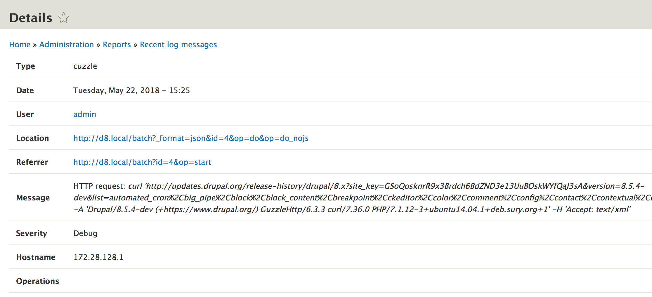 Example log message from the database log