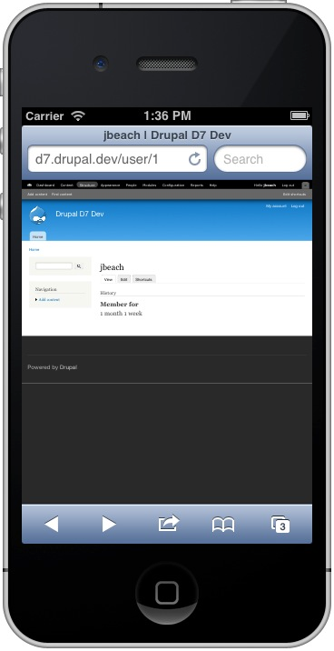 screenshot of an iphone simulator with the drupal 7 toolbar