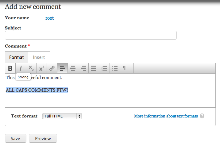 Aloha Editor on a comment form.