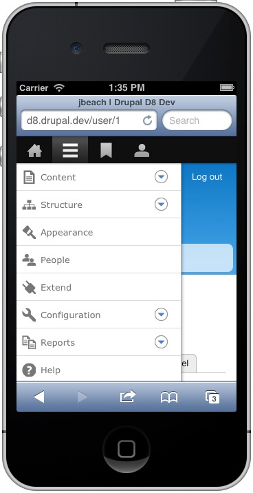 screenshot of an iphone simulator with the drupal 8 toolbar.