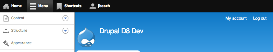 drupal 8 toolbar shown with the tray in a vertical orientation