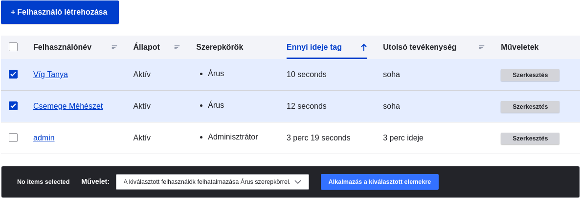 Felhasználók listája tömeges művelet végrehajtása előtt