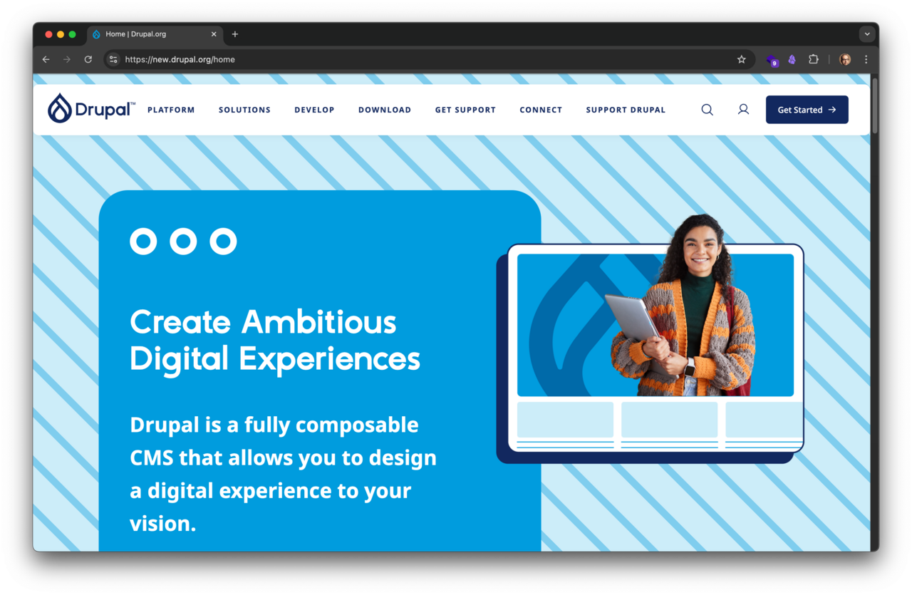 Screenshot of the Drupal.org homepage showcasing the updated brand with the tagline 'Create ambitious digital experiences,' presented in a bold and vibrant design.