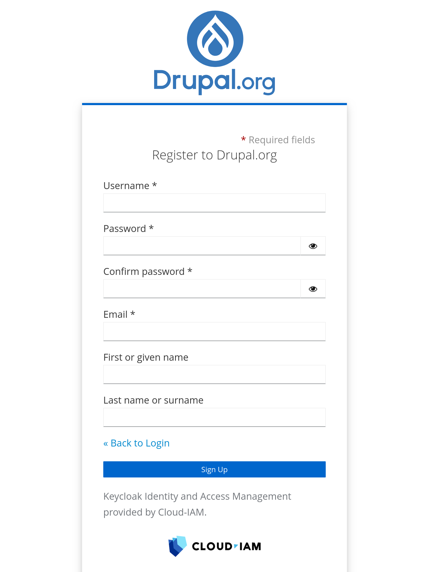 New account registration page with fields for username, email and password, and optional first and last name. The rest of your profile will be completed on Drupal.org. Includes updated Drupal branding at the top and the thank to our provider cloud-iam at the bottom