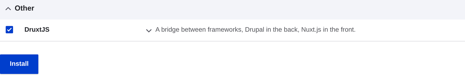The DruxtJS row on the Extend page, checked, with the Install button below.
