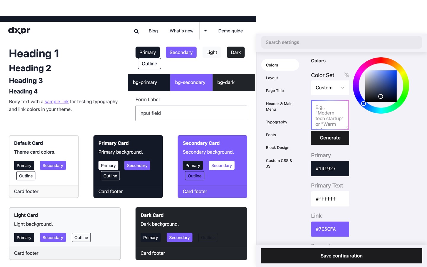 DXPR Theme Helper colour configuration panel showing AI-powered palette generator with primary, secondary, link, and accent colour pickers