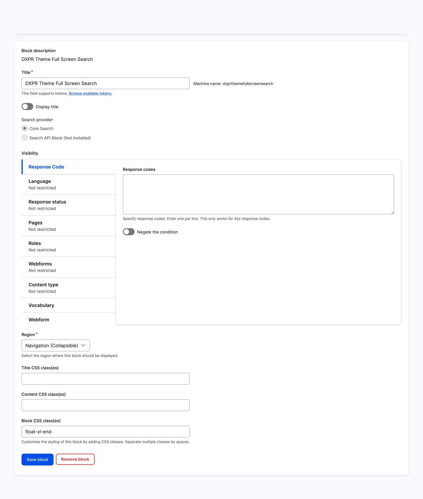 DXPR Theme Helper search block configuration form showing search provider selection and display options