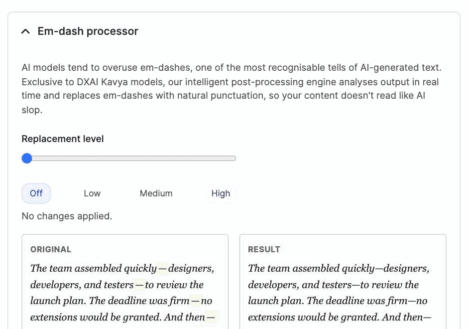 Em-Dash Killer settings UI showing the intensity slider moving through Off, Low, Medium, and High levels with live before/after text preview