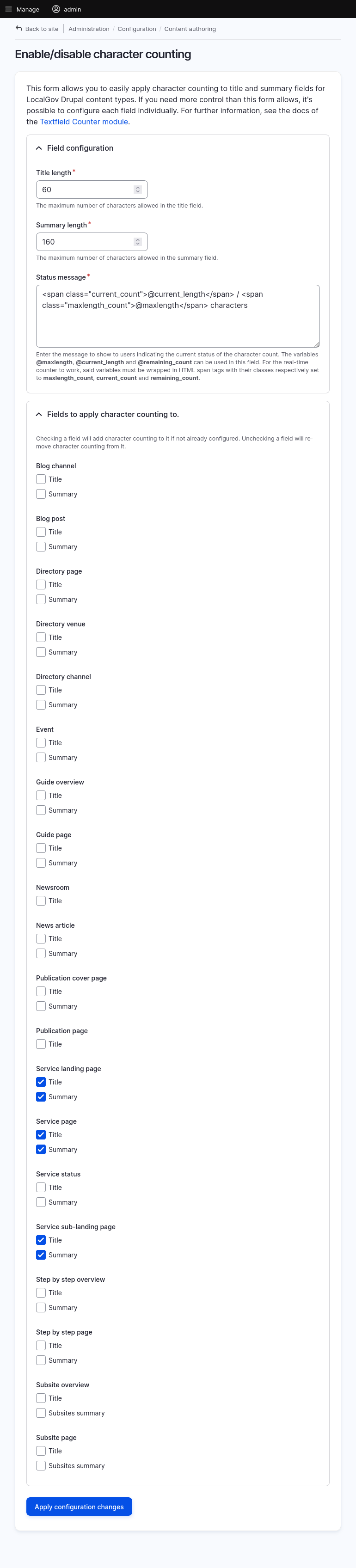 Screenshot of LocalGov Character Counter configuration form.