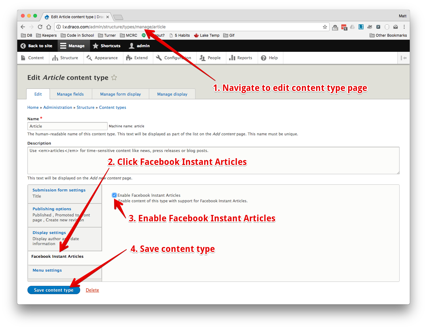 Set content type. Types of content. Instant articles Facebook. Manage display Drupal 10.