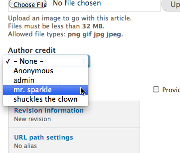 The author credit field shows, and displays a list of users on the site, along with 'Anonymous'