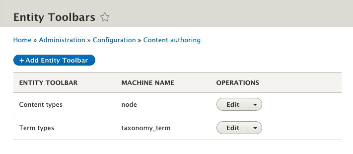 Entity Toolbar configuration list page.