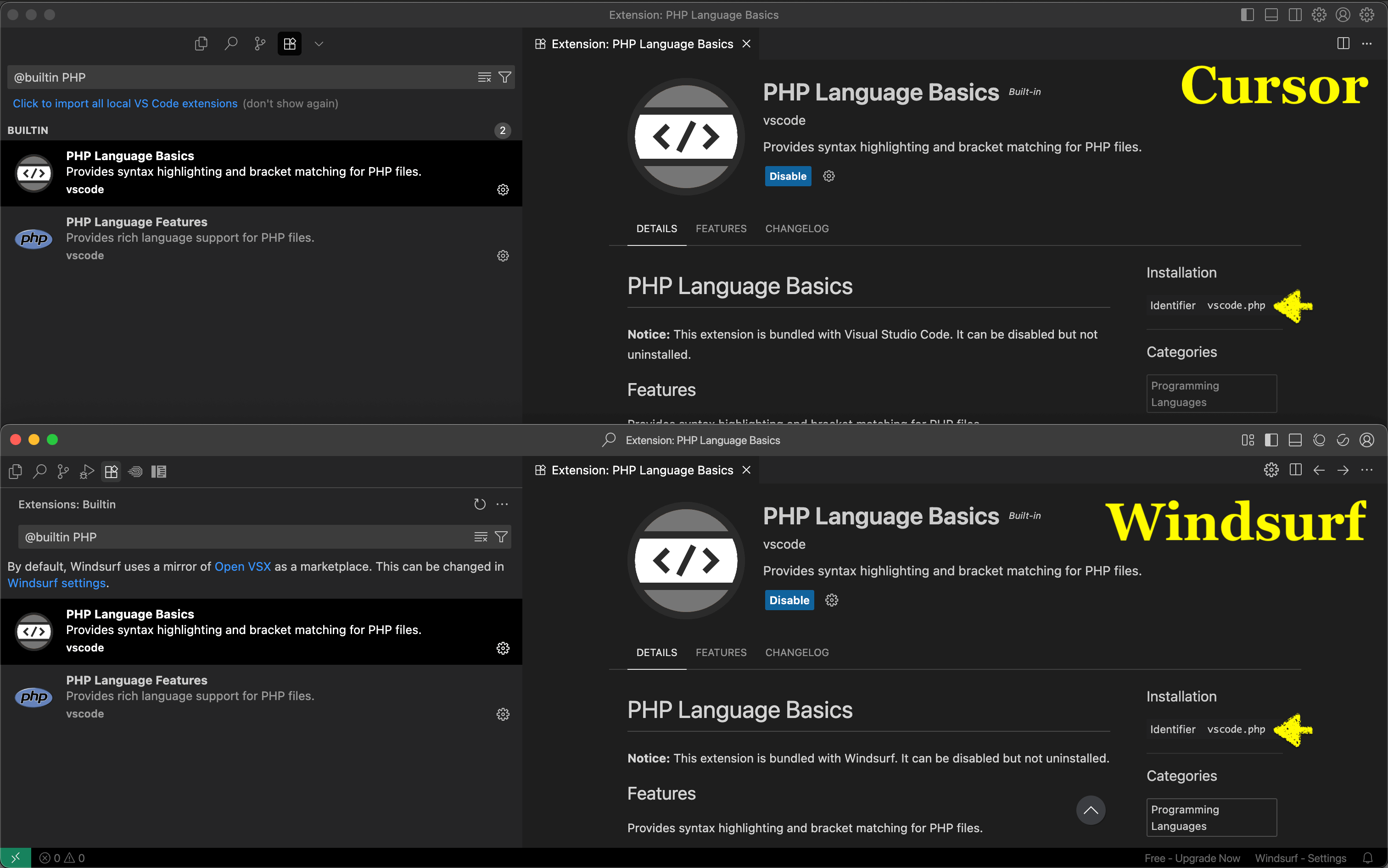 An extra PHP extension appearing in Cursor and Windsurf IDEs