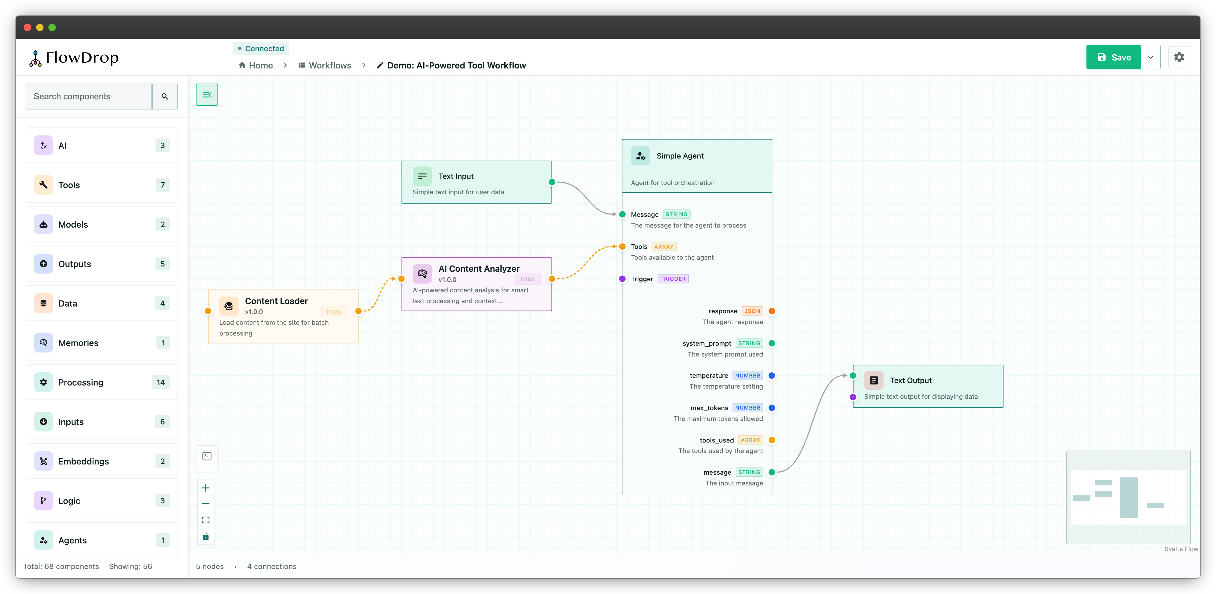 flowdrop editor showing agentic workflow