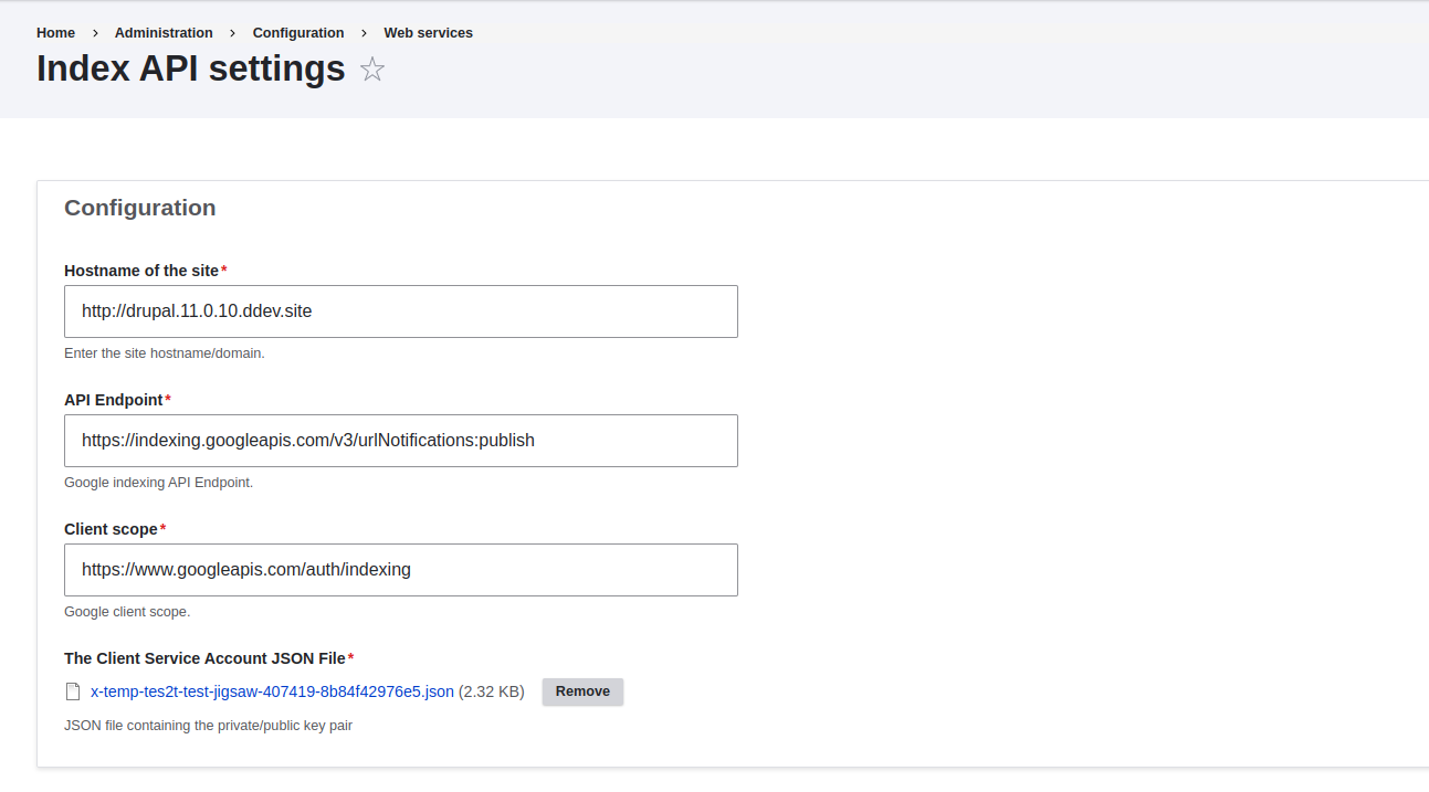 Screenshot of the Indexing API form