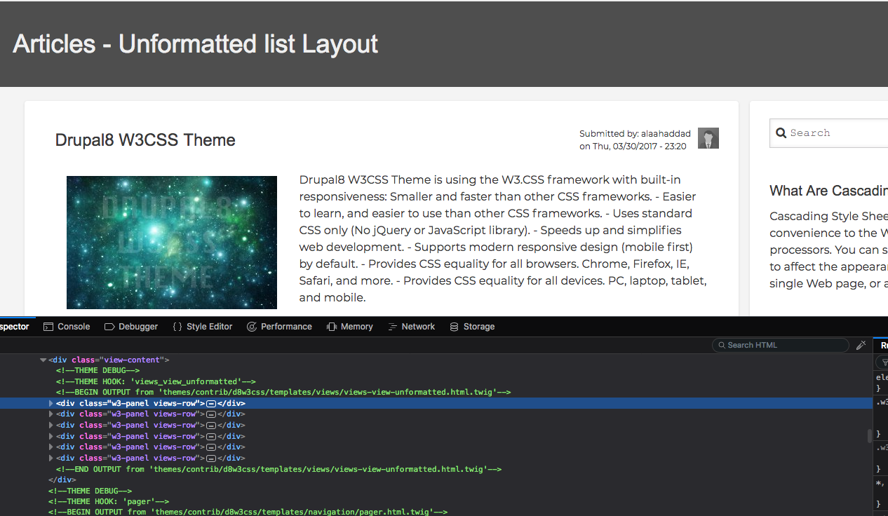 W3 CSS Template. Row view html. Twig html. Unformatted.